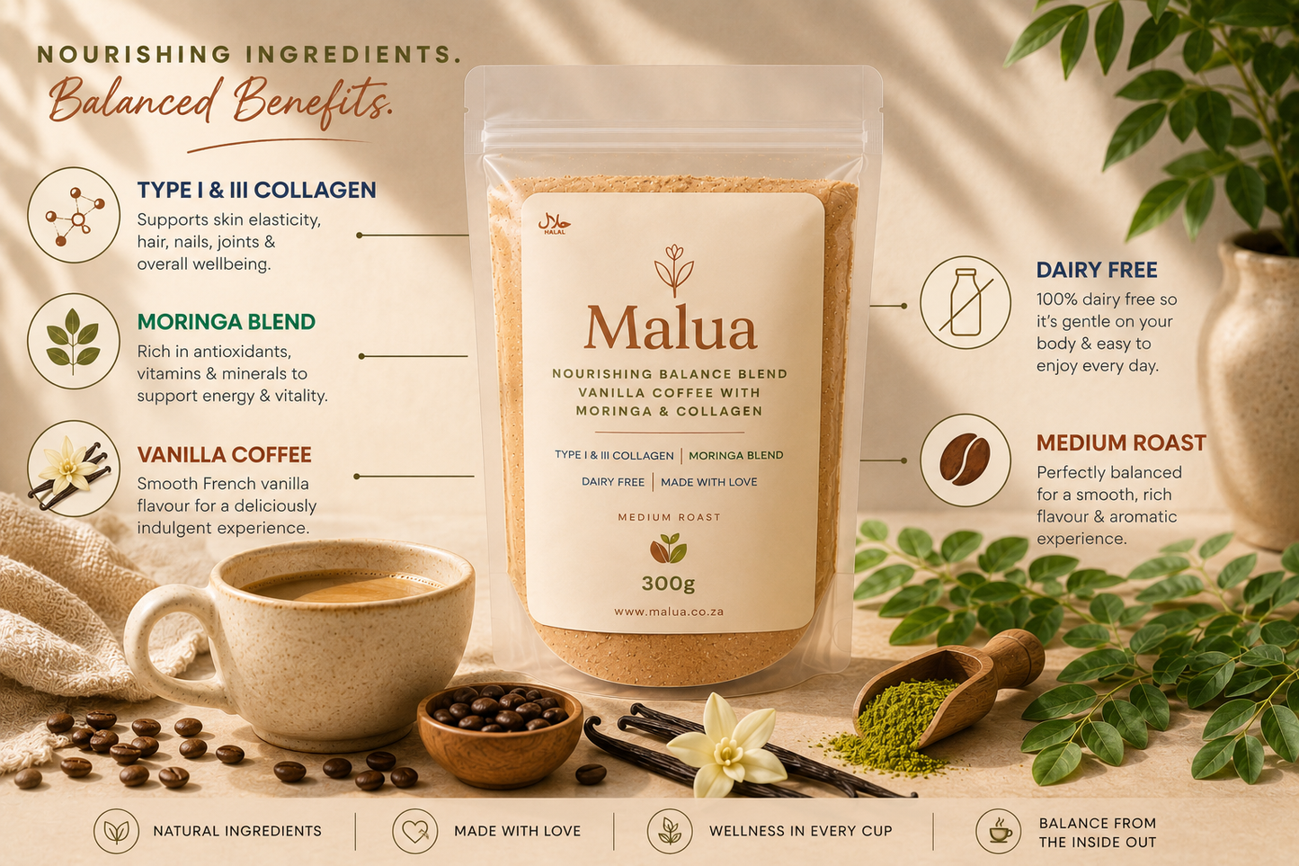 Malua Balance Blend Coffee | Vanilla Coffee with Moringa & Collagen - Medium Roast